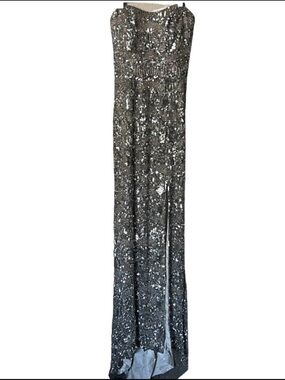Scala Silver Sequin long strapless elegant body slimming slit dress Sz 2